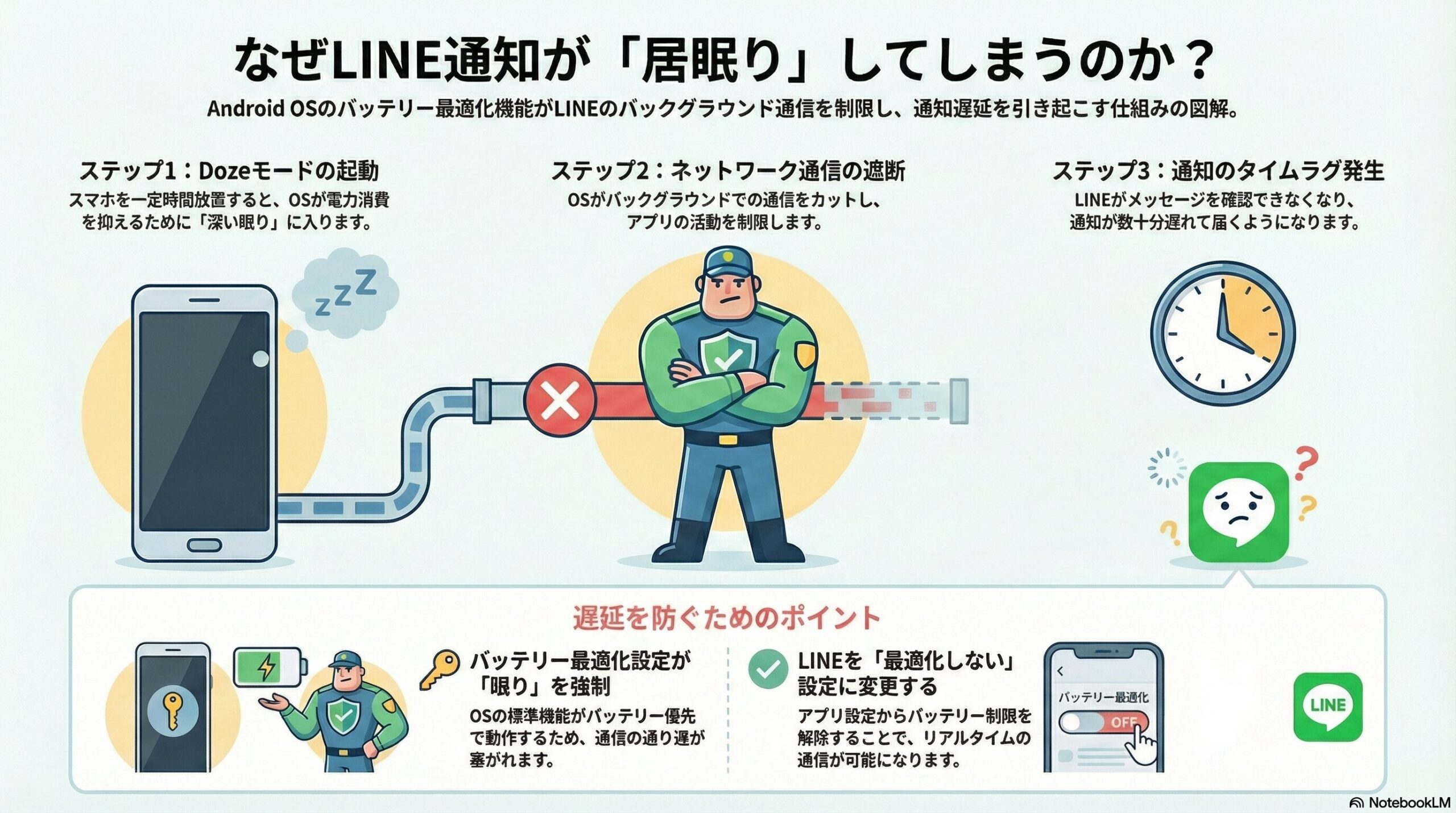 Android OSのバッテリー最適化機能がLINEのバックグラウンド通信を制限し、通知遅延を引き起こす仕組みの図解