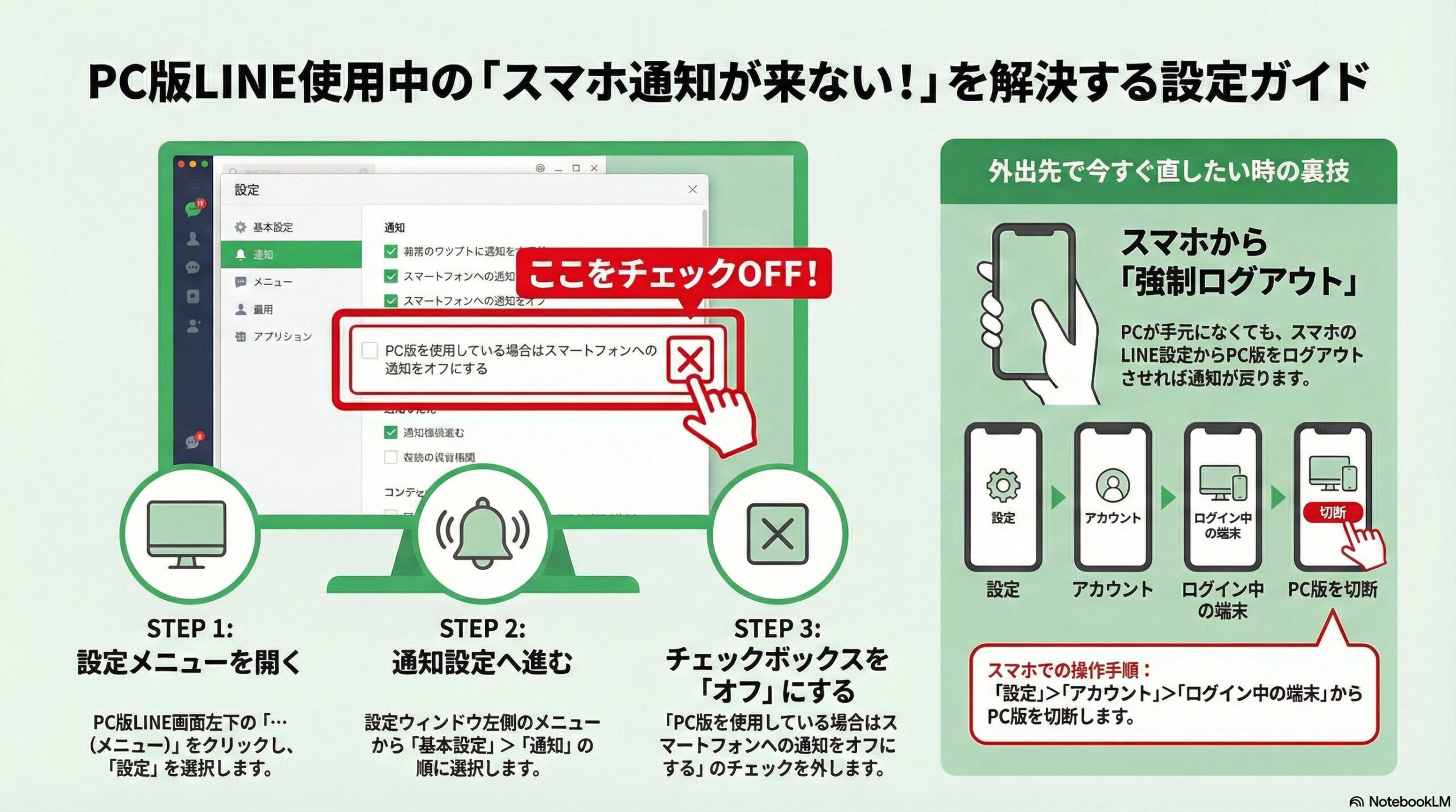 PC版LINEの設定画面で、スマホへの通知をオフにする機能のチェックを外す方法。