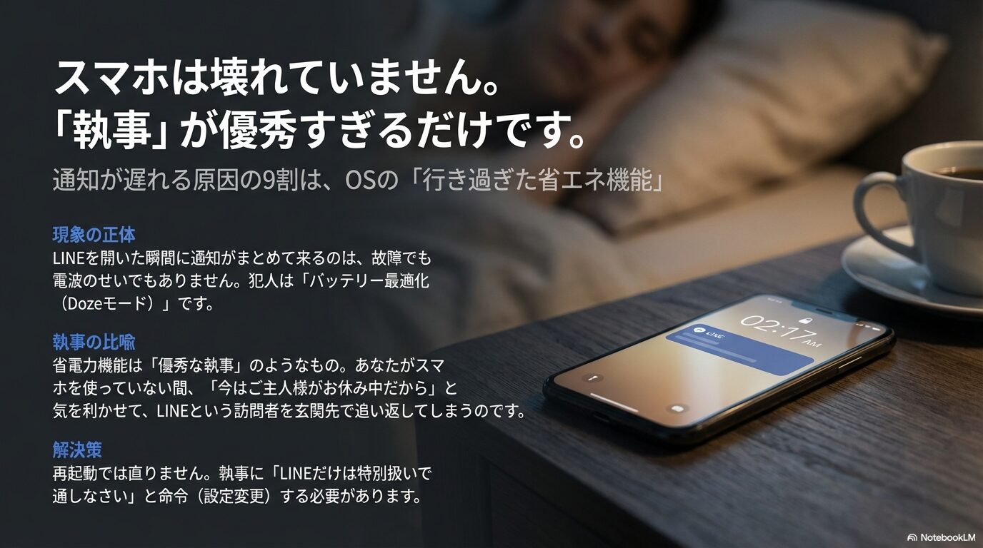 スマホの通知が遅れる原因である「バッテリー最適化(Dozeモード)」を、ユーザーが寝ている間に気を利かせてLINEなどの来客を追い返してしまう「優秀すぎる執事」に例えた解説図。