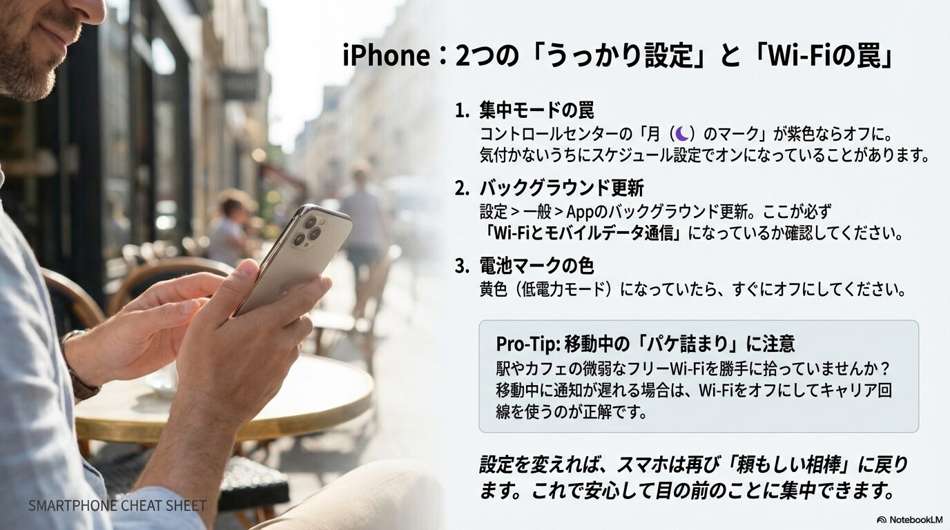 iPhoneでLINE通知が遅れる主な原因である「集中モードの自動オン」「Appのバックグラウンド更新オフ」「微弱なフリーWi-Fi(パケ詰まり)」の3つの罠と対策リスト。