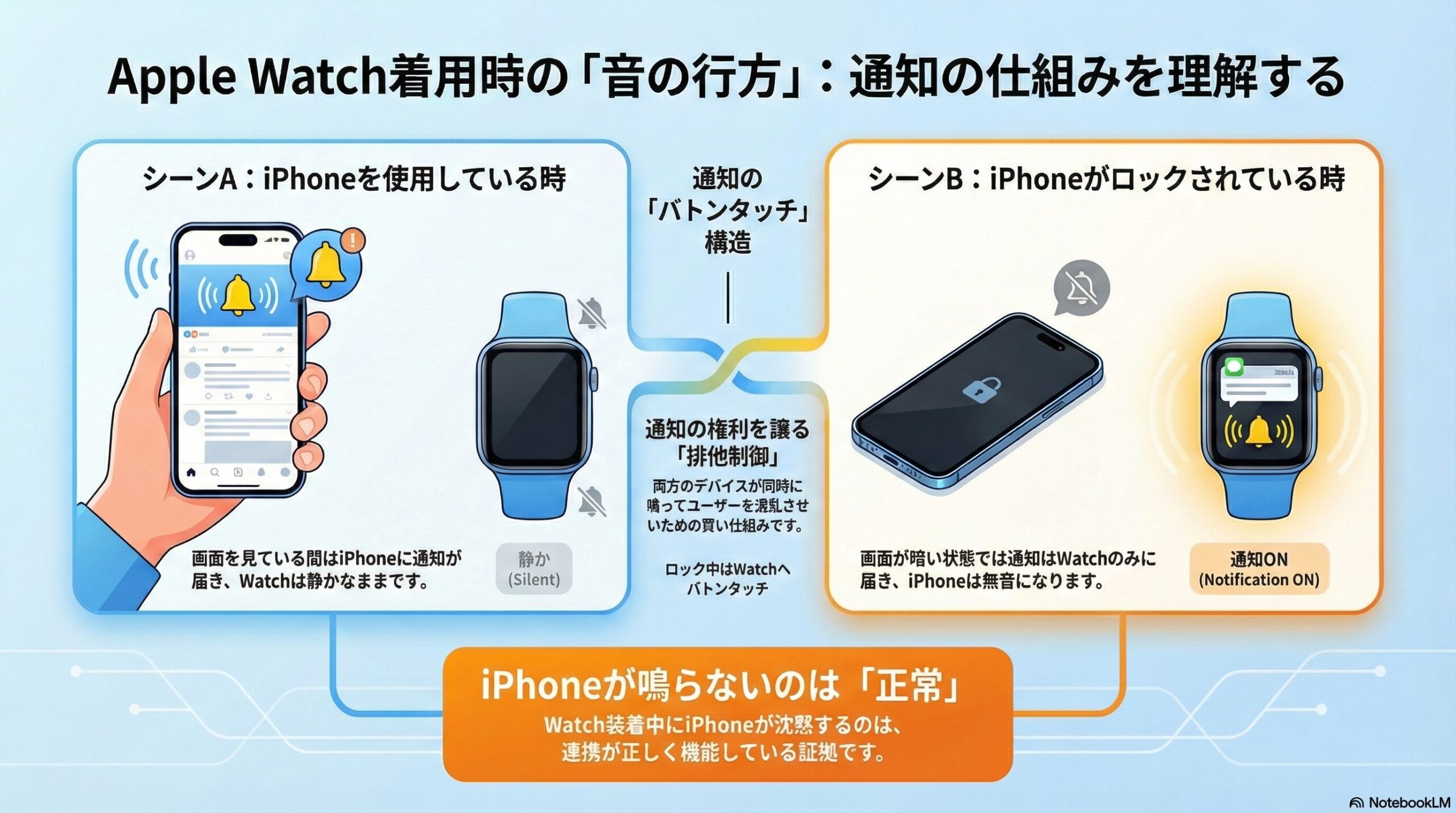 Apple Watch装着時にiPhoneがロックされていると、通知はWatchにのみ届きiPhoneは鳴らない仕組みの図解