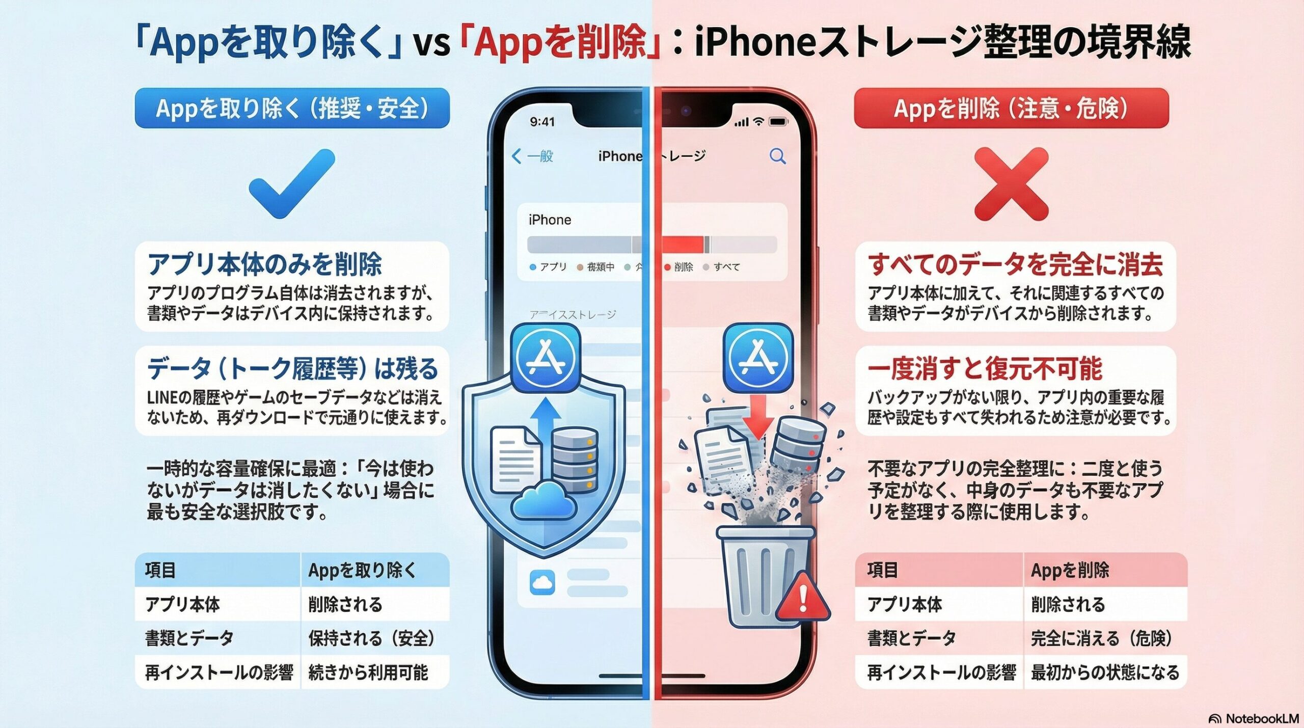 iPhoneストレージ設定におけるAppを取り除く機能とAppを削除機能の違い