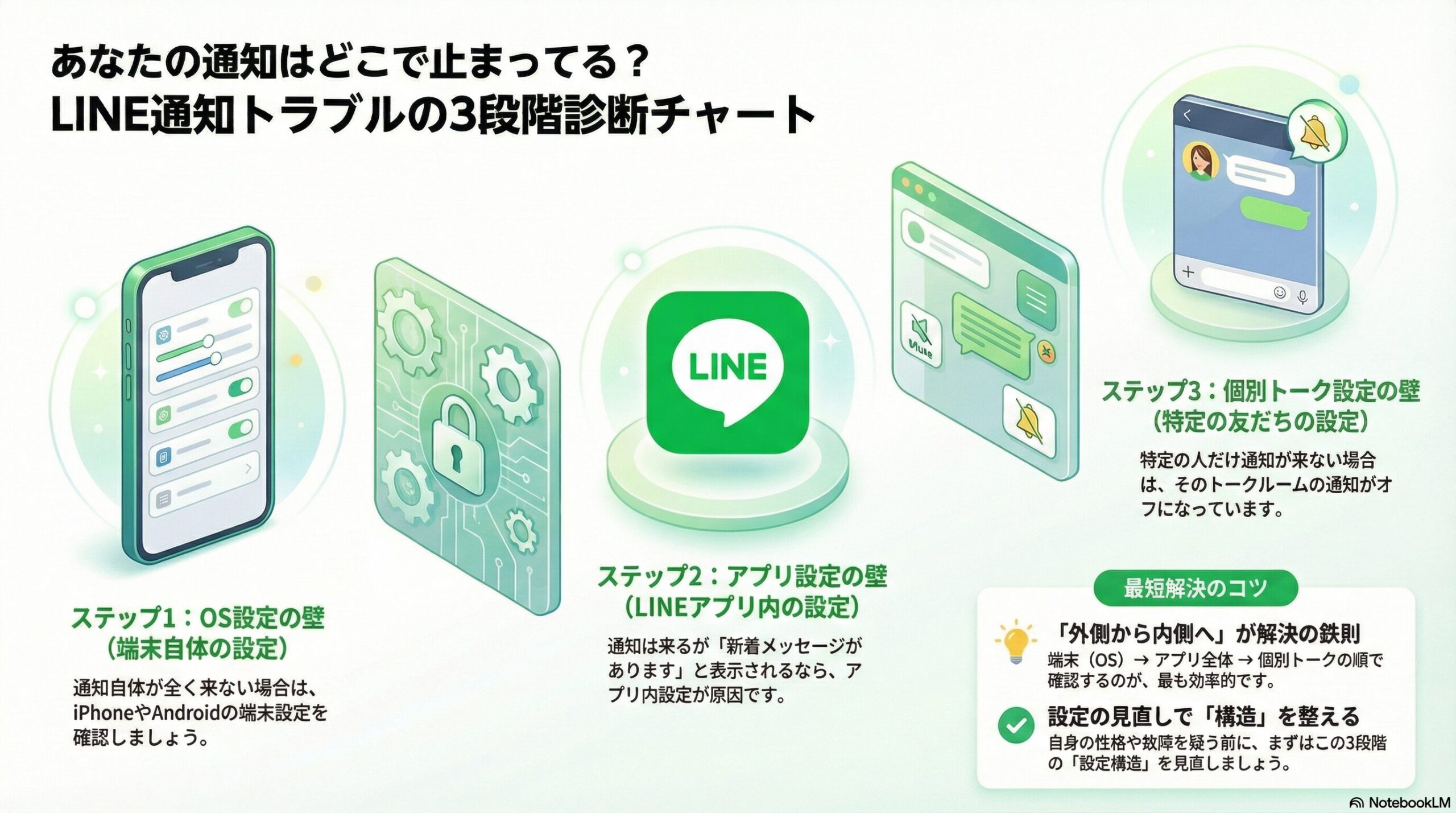LINEの通知が表示されない原因を、端末設定、アプリ設定、個別トーク設定の3段階で診断するフローチャート。
