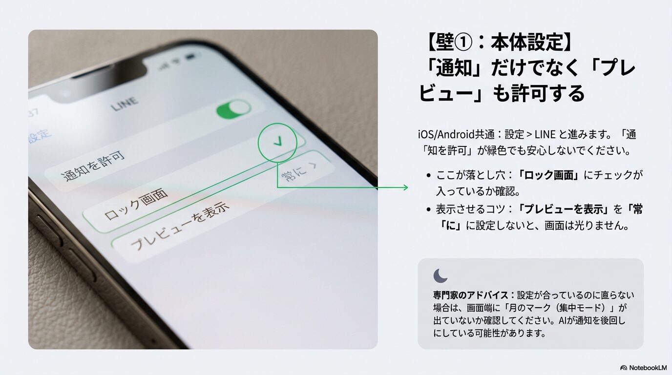 iPhoneの設定画面でLINE通知を許可するだけでなく、「ロック画面」にチェックを入れ、「プレビューを表示」を「常に」に設定する必要があることを示す図解。