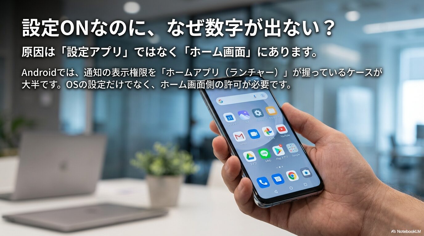 Androidで通知バッジが表示されない原因は、OSの設定だけでなく「ホームアプリ(ランチャー)」側の許可が必要であることを示す概念図。