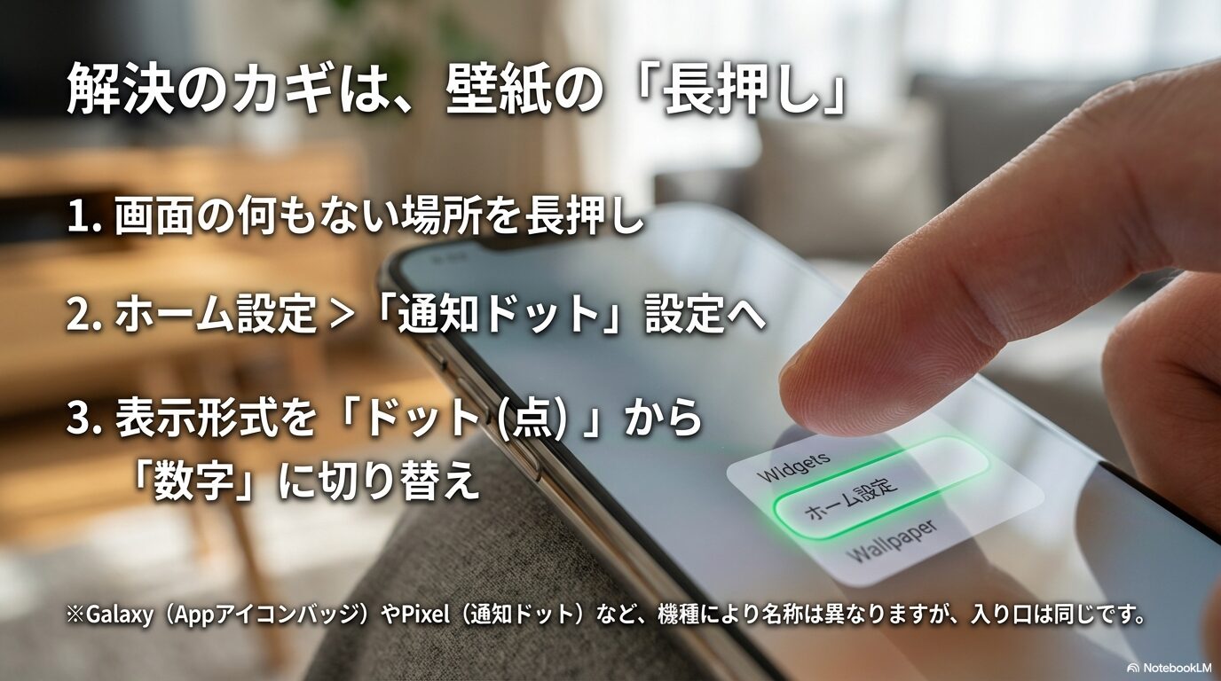 ホーム画面の壁紙を長押しし、設定メニューから表示形式を「ドット」から「数字」に切り替える3ステップの手順図解。