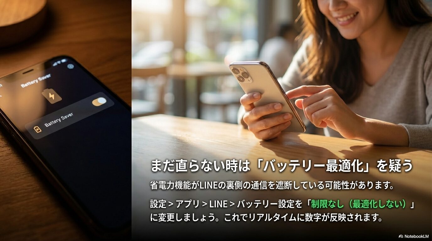 省電力機能がLINEのバックグラウンド通信を遮断している可能性と、設定アプリから「制限なし(最適化しない)」に変更してリアルタイム更新を可能にする方法。