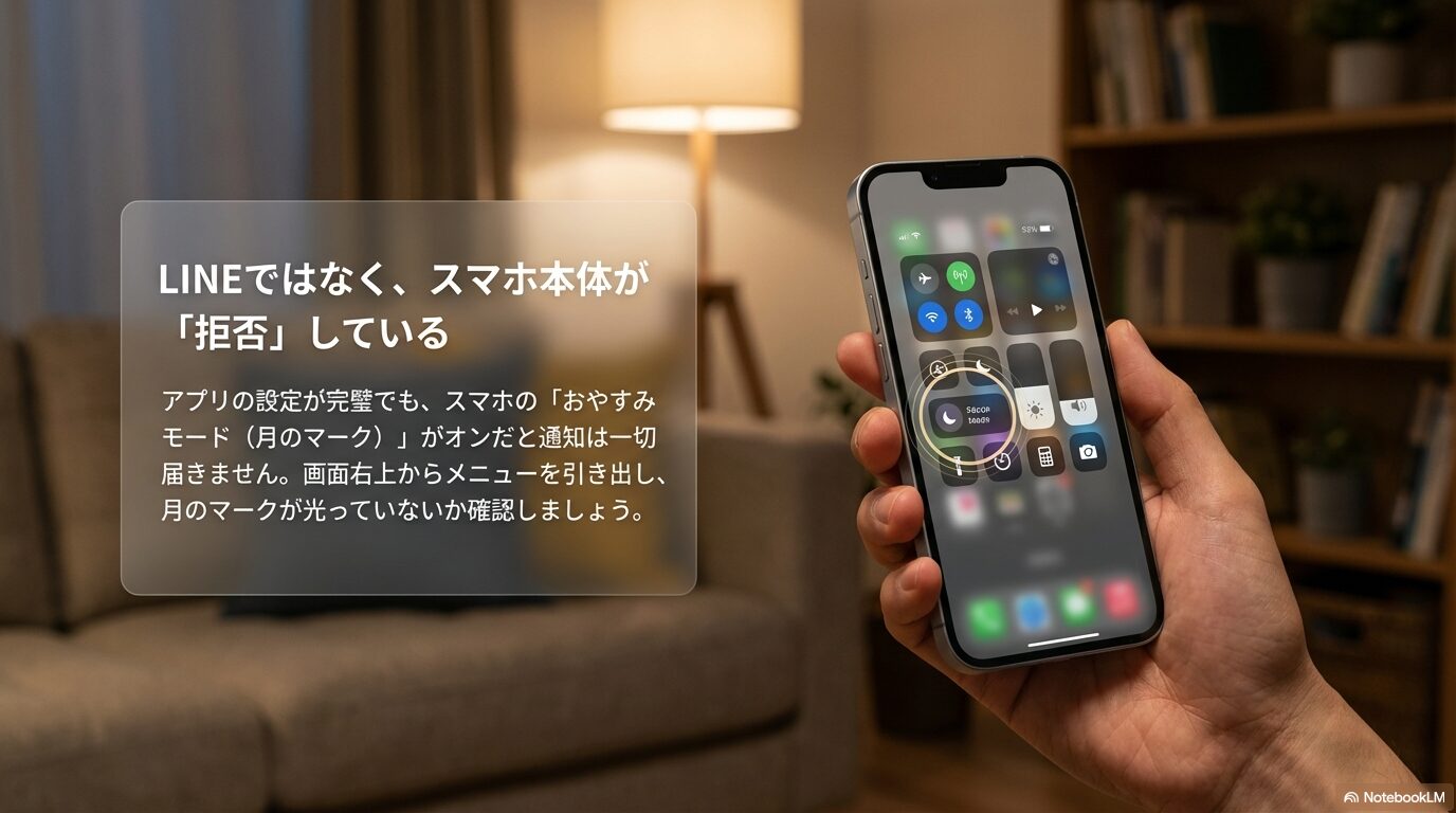 LINEの設定が合っていても通知が来ない主な原因である、スマホ本体の「おやすみモード（月のマーク）」がオンになっていないかを確認する画面イメージ。