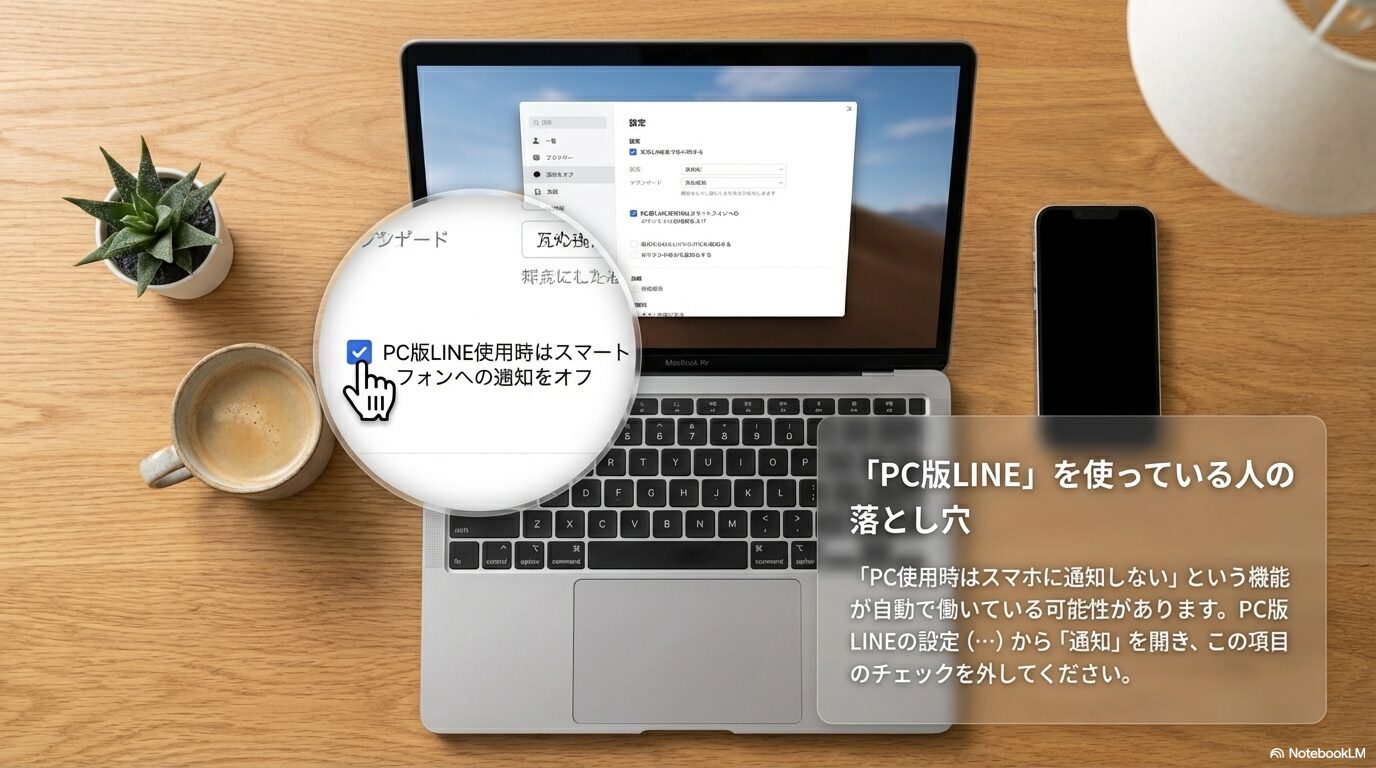 PC版LINEの設定にある「PC版LINE使用時はスマートフォンへの通知をオフ」という項目がオンになっていると、スマホに通知が来なくなる仕様の解説図。