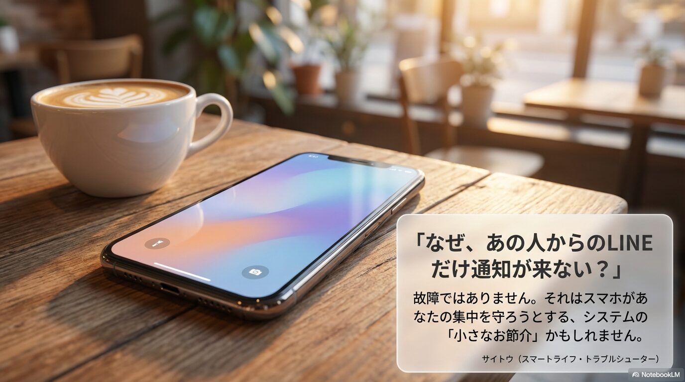 特定の人だけLINE通知が来ないのは故障ではなく、スマホのシステムによる「小さなお節介」機能が原因であることを示すイラスト解説。