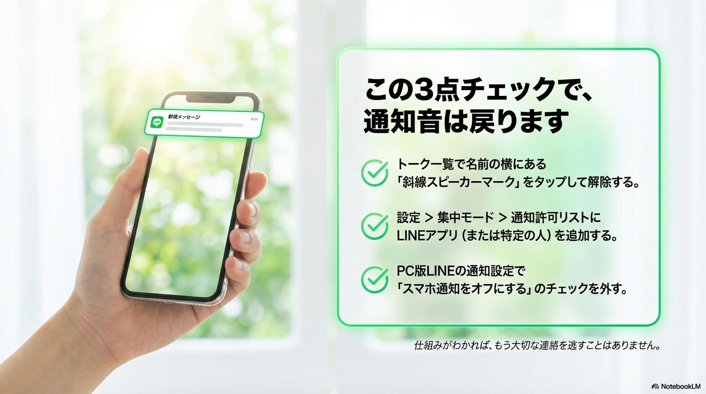斜線スピーカーの解除、集中モードの許可リスト追加、PC版設定の変更という、通知トラブルを解決する3つの具体的な手順まとめ。