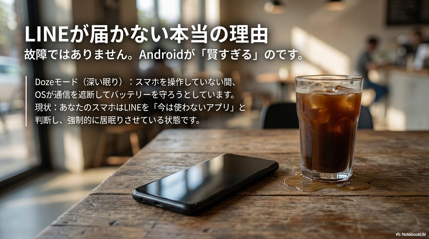 Androidの通知遅延の原因である「Dozeモード（深い眠り）」が、スマホ操作中にLINE通信を遮断してしまう仕組みの解説図。