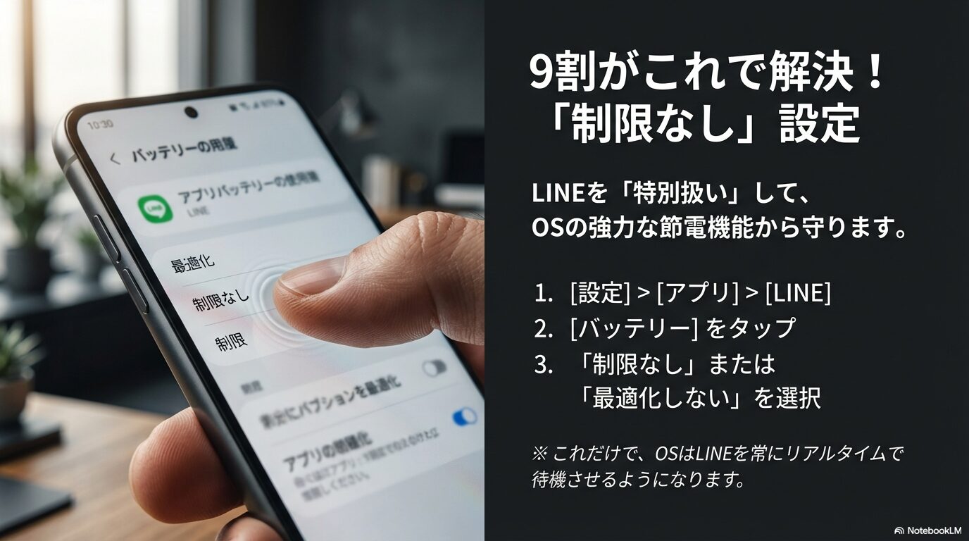 設定アプリからLINEのバッテリー使用設定を開き、「最適化」から「制限なし（最適化しない）」に変更してリアルタイム通知を復活させる手順。
