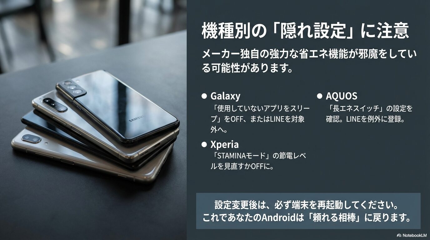 Galaxyの「スリープ状態のアプリ」、Xperiaの「STAMINAモード」、AQUOSの「長エネスイッチ」など、メーカー独自の強力な省エネ設定の注意点まとめ。