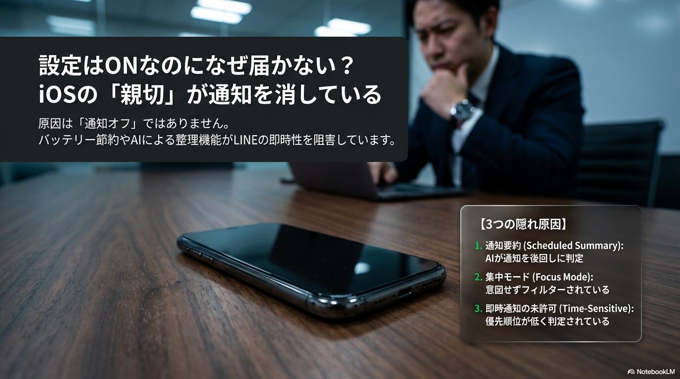 iOSのアップデート後にLINE通知が届かない主な原因である「通知要約（Scheduled Summary）」「集中モード（Focus Mode）」「即時通知の未許可」の3つを解説したスライド。