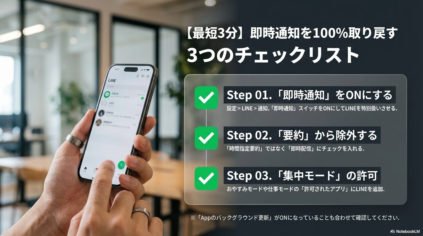 iPhoneの設定画面で「即時通知」をONにし、「通知要約」からLINEを除外し、「集中モード」の許可リストに追加する3ステップの具体的な操作手順図解。