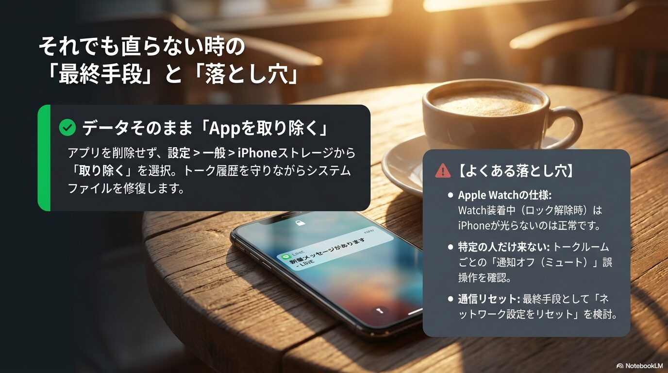 設定変更で直らない場合の最終手段として、トーク履歴を保持したままシステムファイルを修復する「Appを取り除く」の手順と、Apple Watch仕様の落とし穴解説。