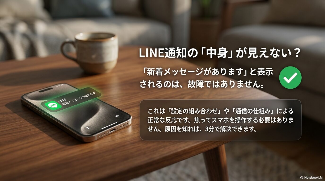 LINE通知が「新着メッセージがあります」と表示されるのは故障ではなく、設定や通信の仕組みによる正常な反応であることを解説するスライド。