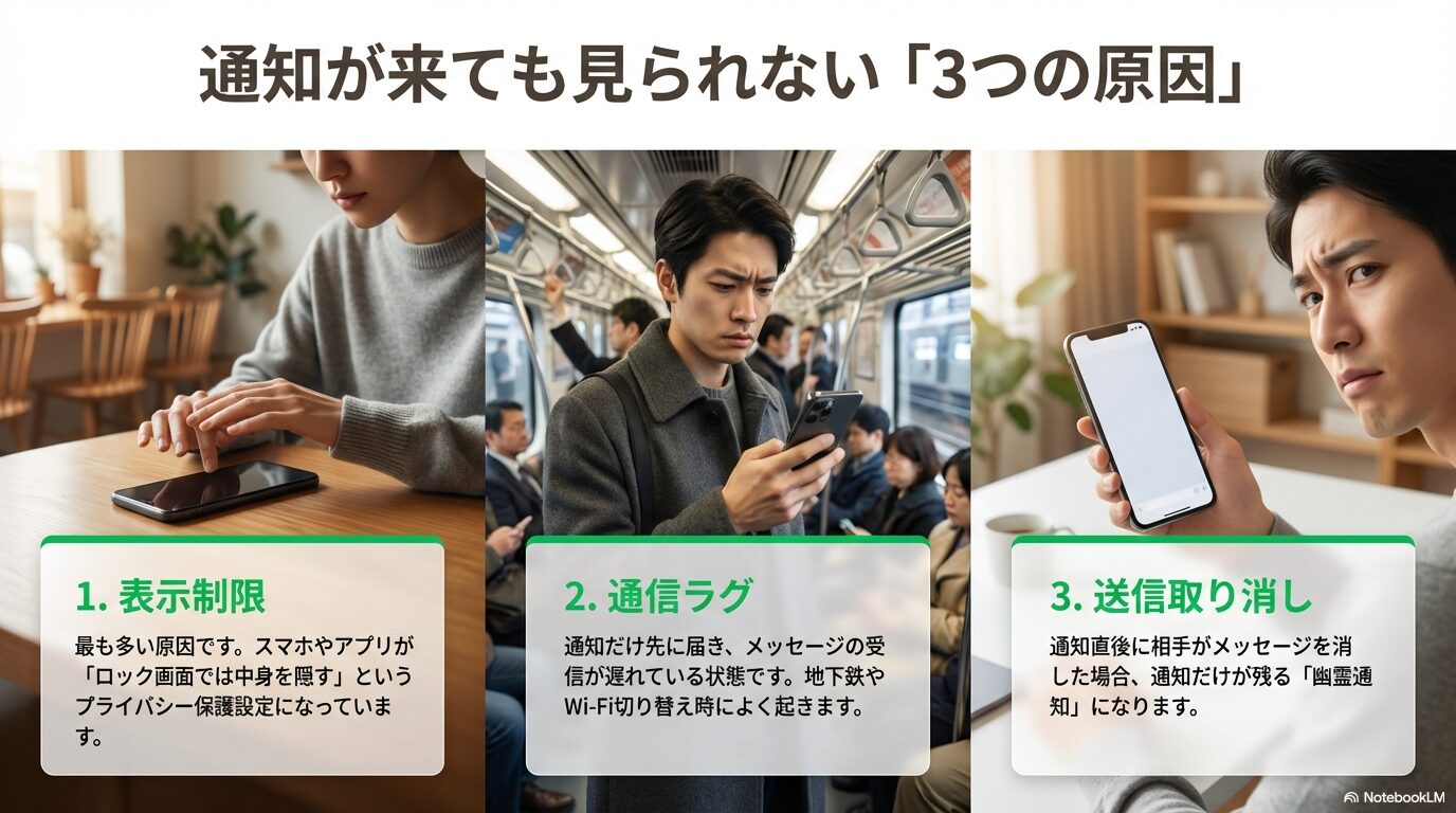 LINE通知の中身が見えない主な3つの原因(プライバシー保護設定、通信ラグ、送信取り消し)をイラストでわかりやすく解説したスライド。