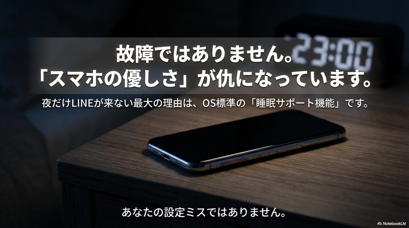 夜だけLINE通知が来ないのは故障や設定ミスではなく、OS標準の「睡眠サポート機能」が自動で働いていることが原因であると解説するスライド。