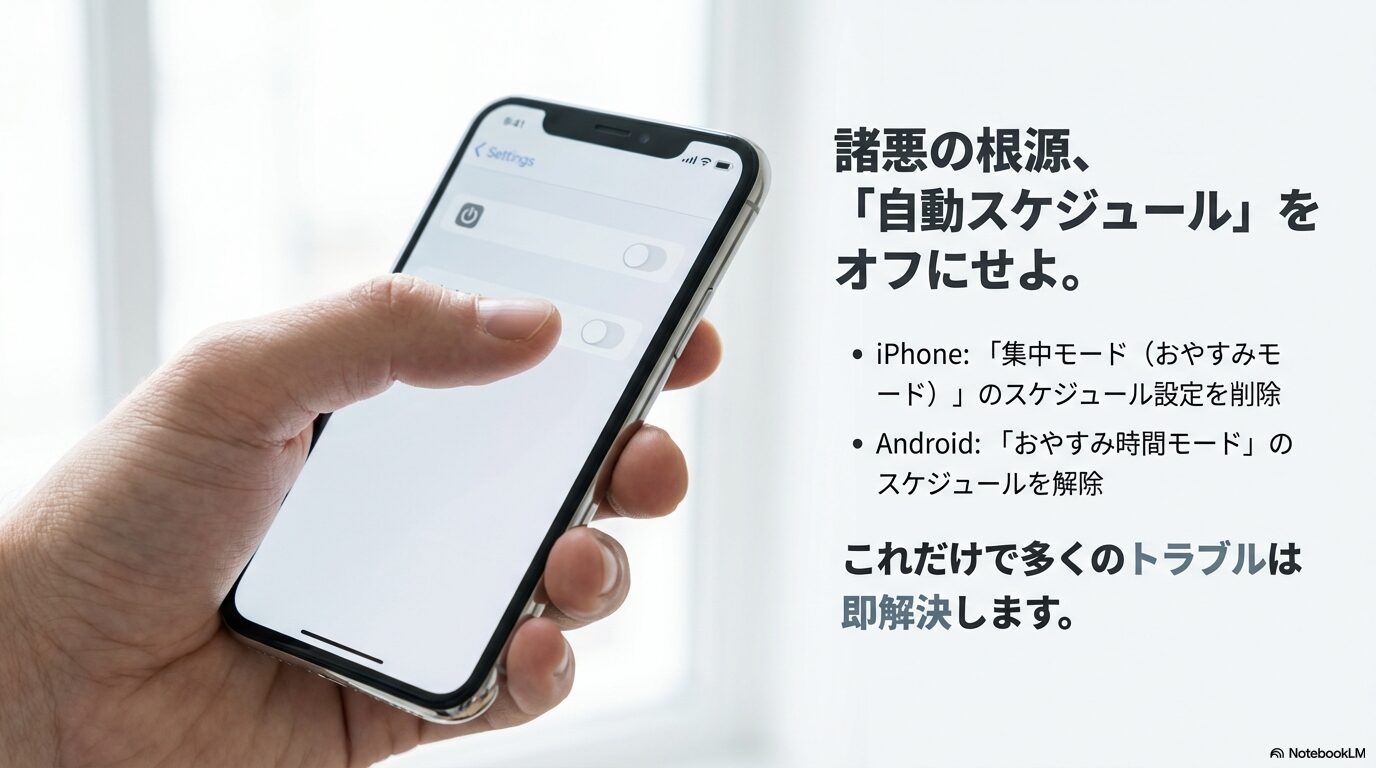 夜間の通知トラブルを即解決するために、iPhoneの「集中モード」やAndroidの「おやすみ時間モード」に設定された自動スケジュールを削除する方法。