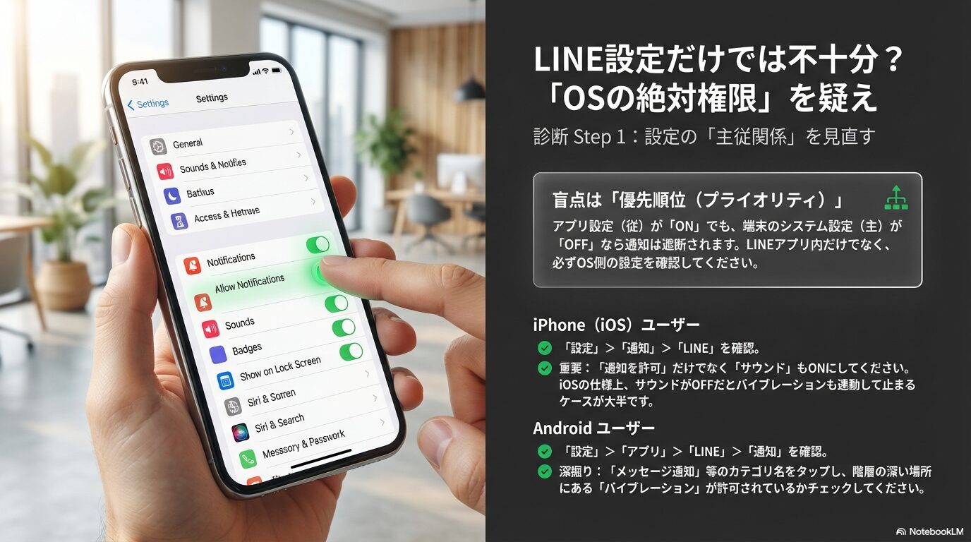LINE通知設定において、アプリ設定（従）よりもスマホ本体のシステム設定（主）が優先される「主従関係」の解説図。iPhoneのサウンド設定やAndroidのバイブレーション設定の深掘りポイント。