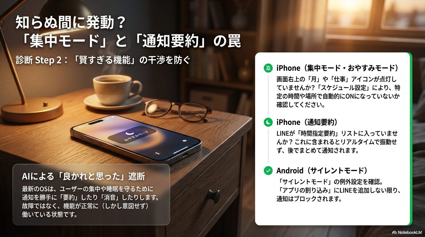 最新OS（iOS/Android）のAIが、ユーザーの集中を守るためにLINE通知を勝手に遮断・要約してしまう「おやすみモード」や「通知要約」の仕組み解説。