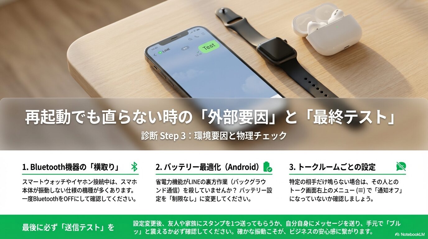Bluetooth機器（イヤホン・ウォッチ）への接続による通知転送や、Androidのバッテリー最適化、バイブモーターの故障など、設定以外で見落としがちな物理的・環境的要因のまとめ。
