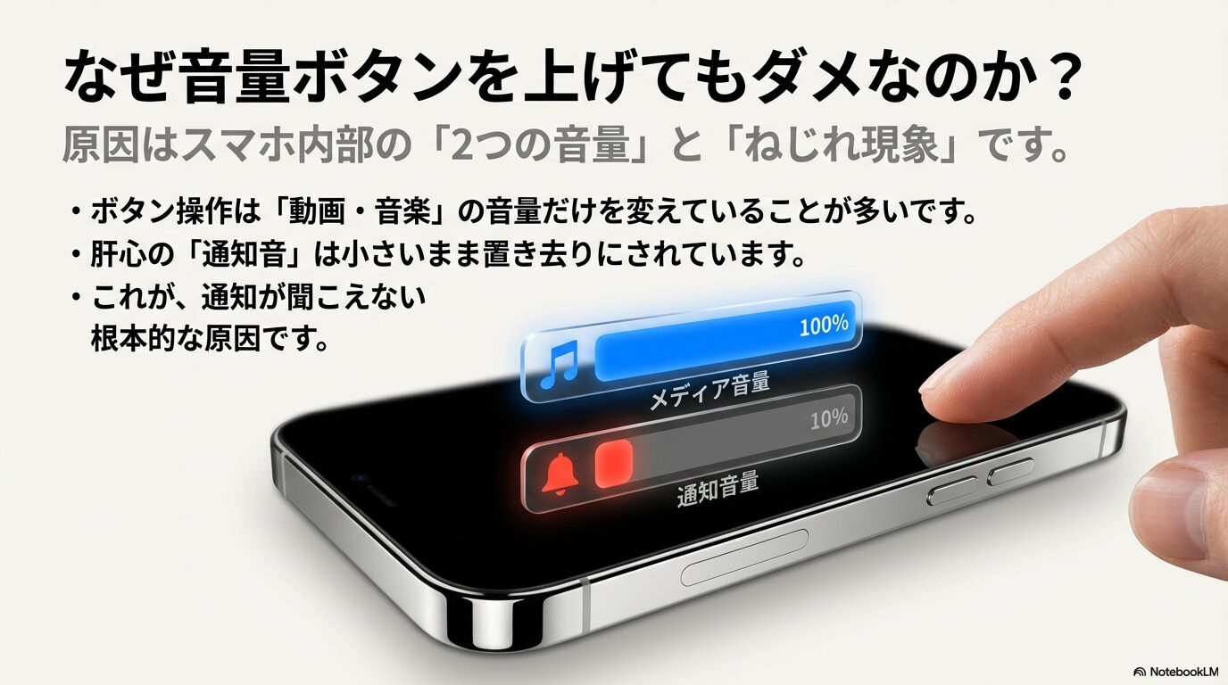 スマホの音量ボタン操作では動画などの「メディア音量」しか上がらず、肝心の「通知音量」が小さいままになる「音量のねじれ現象」の解説図。