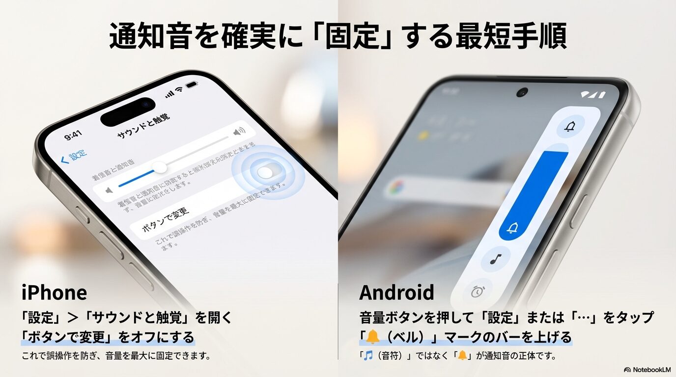 iPhoneの設定で「ボタンで変更」をオフにする方法と、Androidの音量メニューから「ベルマーク(通知音)」だけを調整する方法の図解まとめ。