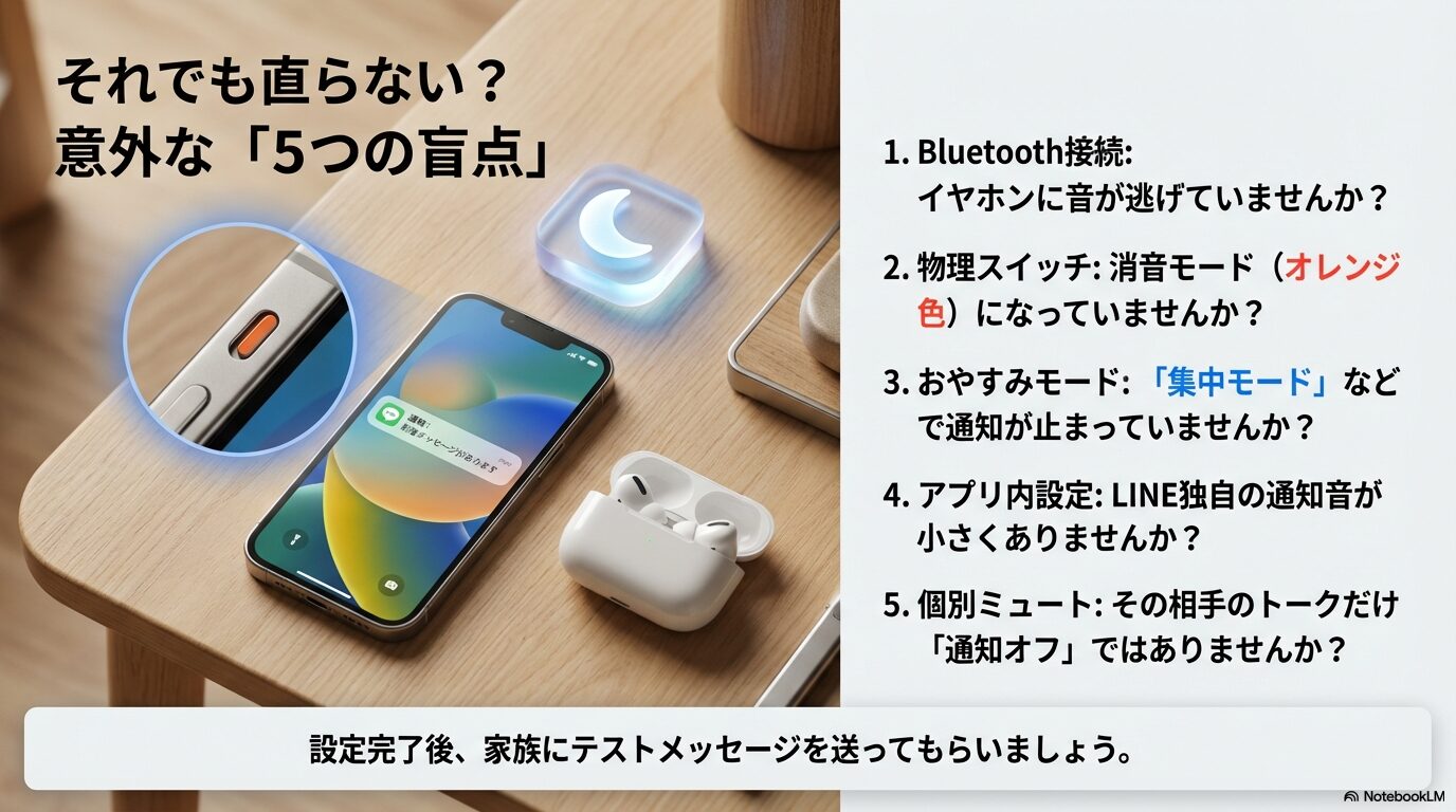 Bluetooth接続、物理消音スイッチ、おやすみモード、アプリ内設定、個別ミュートなど、設定以外で通知音が小さくなる原因のリスト。