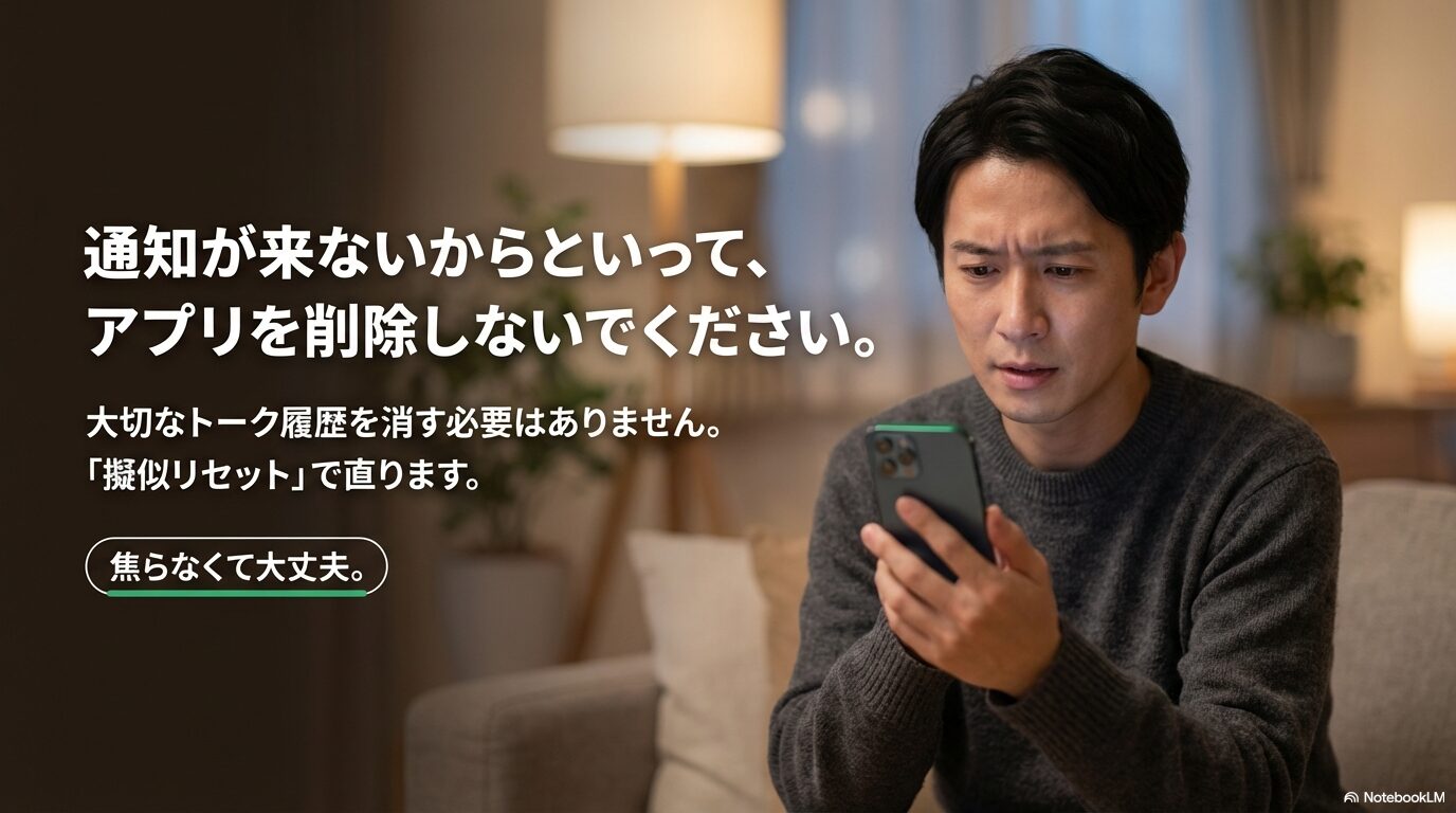 LINE通知が来ない場合にアプリを削除する必要はなく、トーク履歴を守りながら「擬似リセット」だけで直せることを伝え、安心感を与えるスライド。