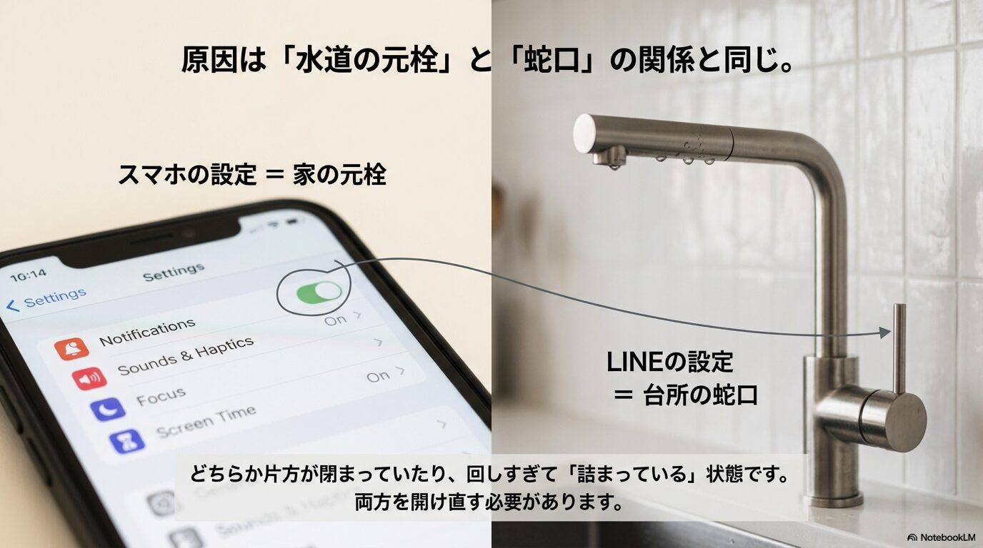 スマホ本体の設定を「家の元栓」、LINEアプリの設定を「台所の蛇口」に例え、両方が開いていないと通知(水)が届かない仕組みを解説した図解。