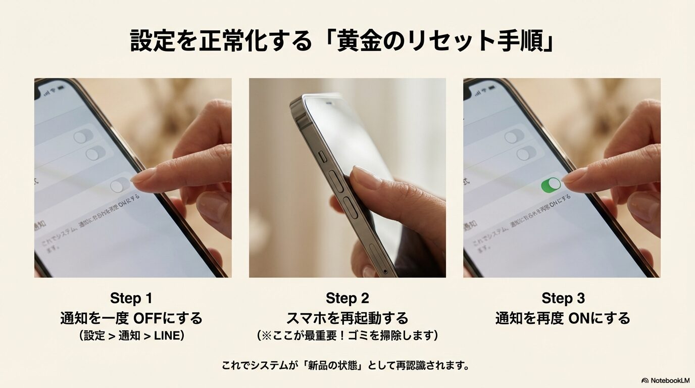 通知設定を一度OFFにし、スマホを再起動してシステム内のゴミを掃除してから再度ONにする、通知不具合解消のための具体的な手順フローチャート。