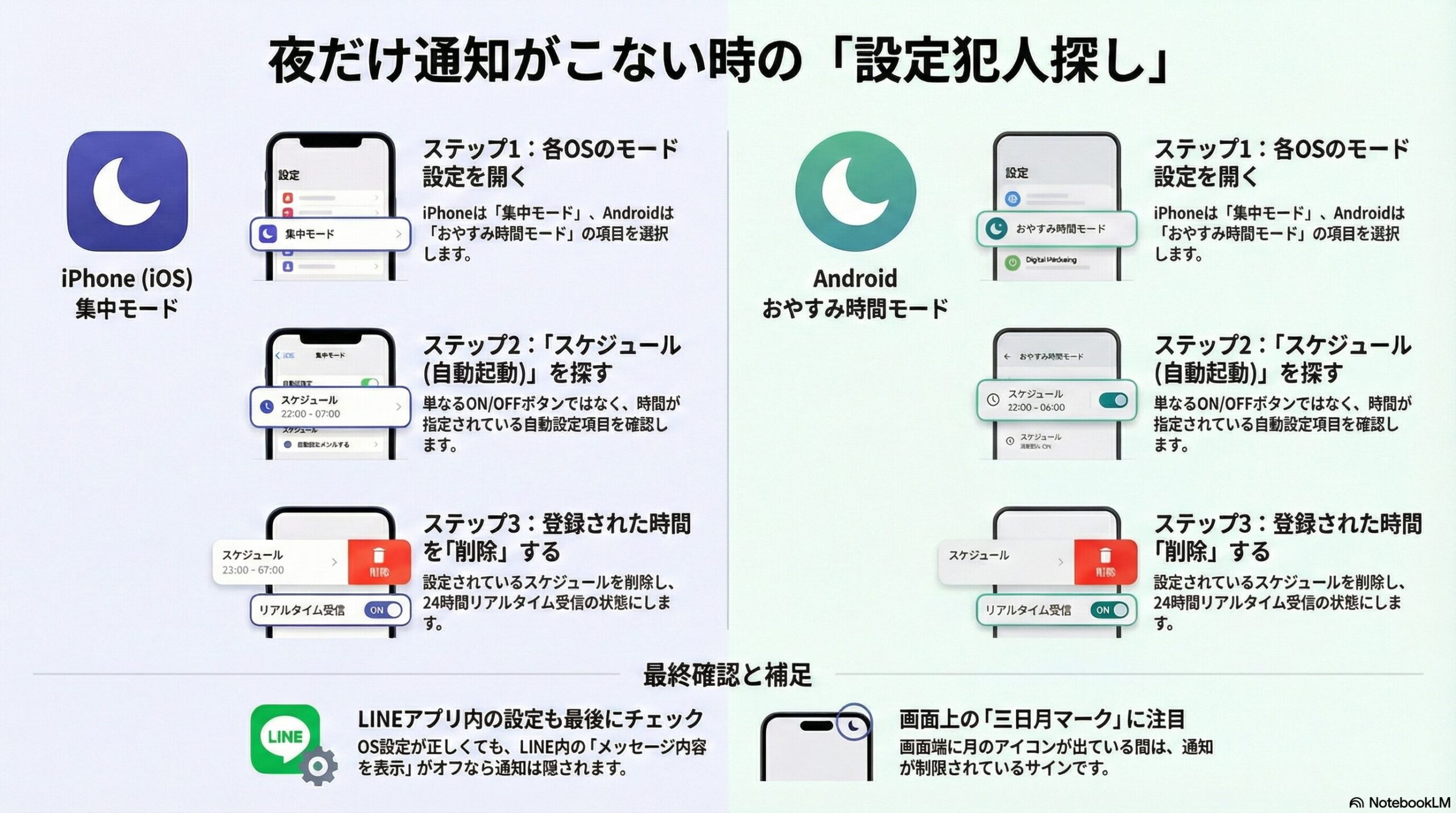 iPhoneの集中モードとAndroidのおやすみ時間モードを解除する手順のフローチャート図