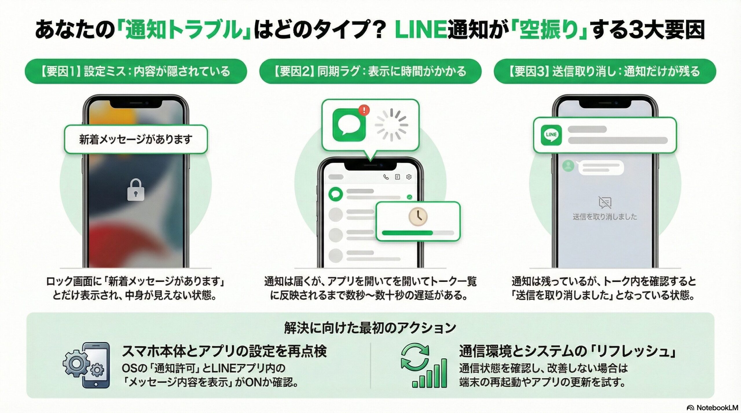 LINE通知が来るのに表示されない原因を「設定」「ラグ」「送信取り消し」の3つに分類した解説図