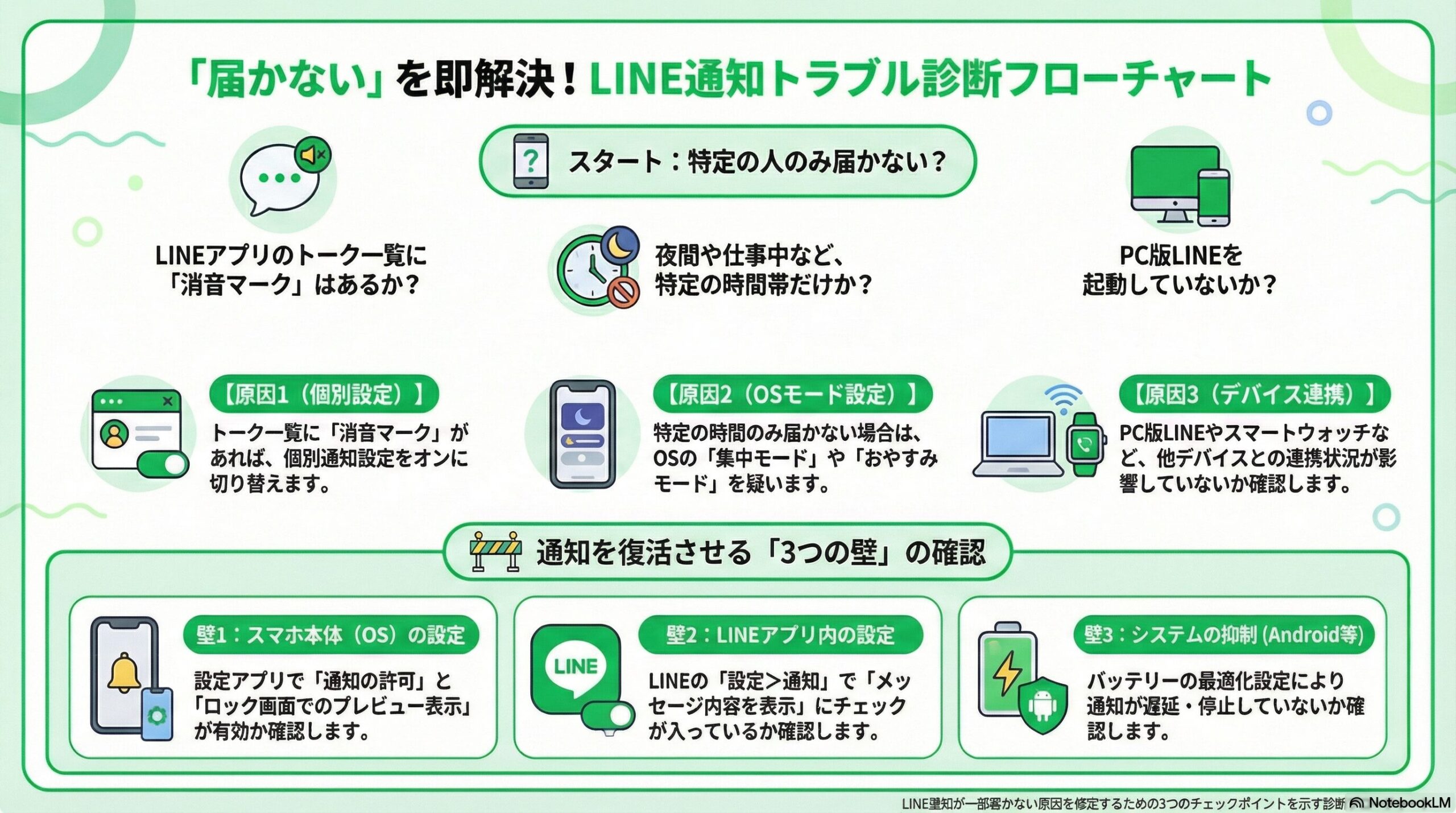 LINE通知が一部届かない原因を特定するための3つのチェックポイントを示す診断フローチャート
