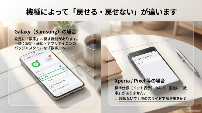 スマートフォンメーカーによって、標準設定のまま数字へ戻せるかどうかが大きく異なります