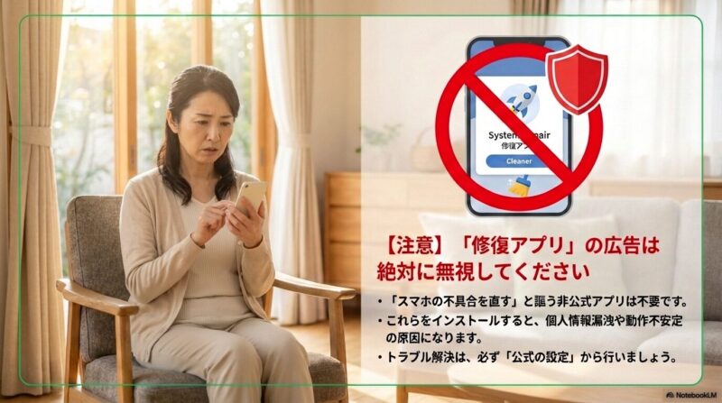「スマホの不具合を直す」と謳う非公式のシステム修復アプリは、絶対にインストールしないでください。