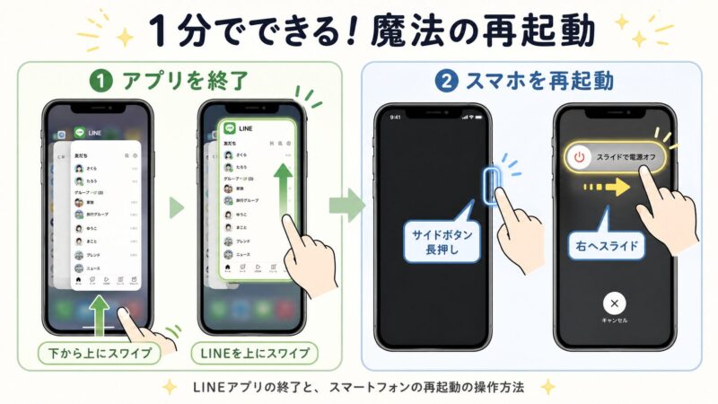 LINEアプリの終了と、スマートフォンの再起動の操作方法を示したアニメーション。