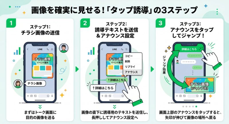 画像送信後、誘導用テキストを送信してアナウンス設定し、タップで画像へジャンプする手順を示す図解