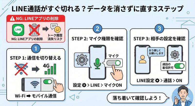 LINE通話がすぐ切れる？データを消さずに直す3ステップ