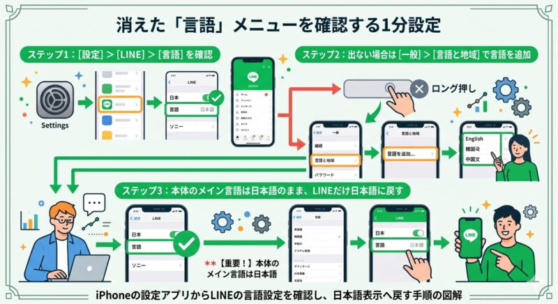 iPhoneの設定アプリからLINEの言語設定を確認し、日本語表示へ戻す手順の図解