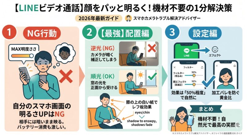 [LINEビデオ通話]顔をパッと明るく！機材不要の1分解決策
