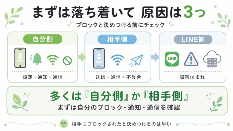 LINEが届かない原因を自分側・相手側・LINE側の3つに分けた図解。