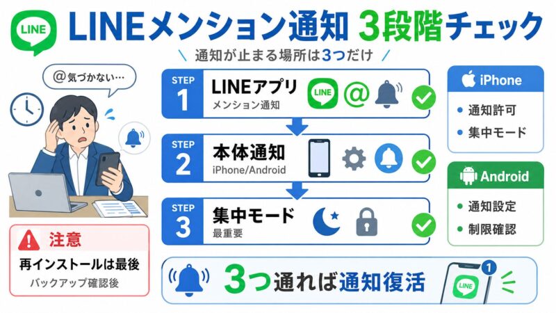 LINEメンション通知が届かない原因を、LINEアプリ・本体通知・集中モードの3段階で確認する図解。
