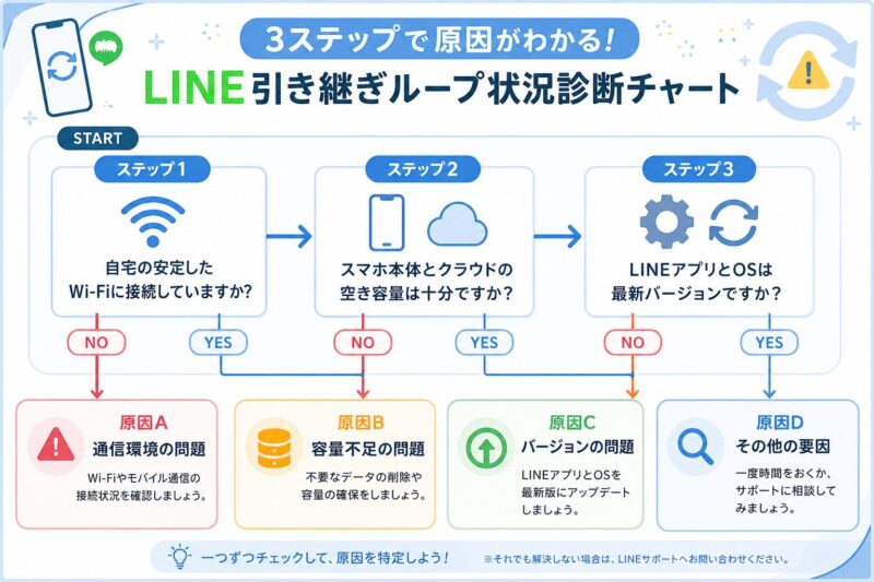 LINE引き継ぎループの原因を特定するための3ステップ診断フローチャート。通信、容量、バージョンの順に確認します
