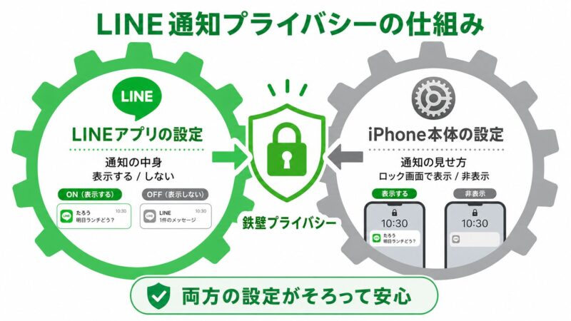 LINEアプリとiPhone本体の設定という2つの歯車が噛み合ってプライバシーを守る仕組みを示した図解