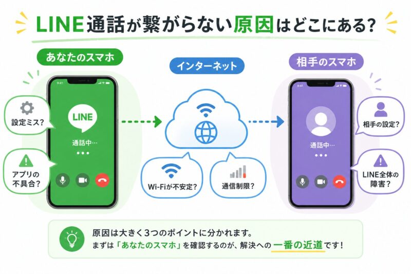 LINE通話が繋がらない原因の所在を示す図。あなたのスマホ、インターネット、相手のスマホの3つのポイントがあり、最も多い原因はあなたのスマホの設定であることを示している。