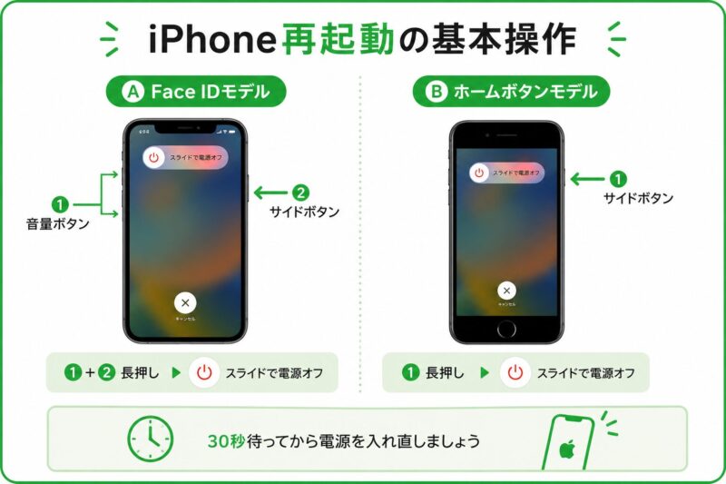 iPhoneのモデル別に再起動する方法を示した図解。Face IDモデルとホームボタンモデルそれぞれの操作方法が描かれている。